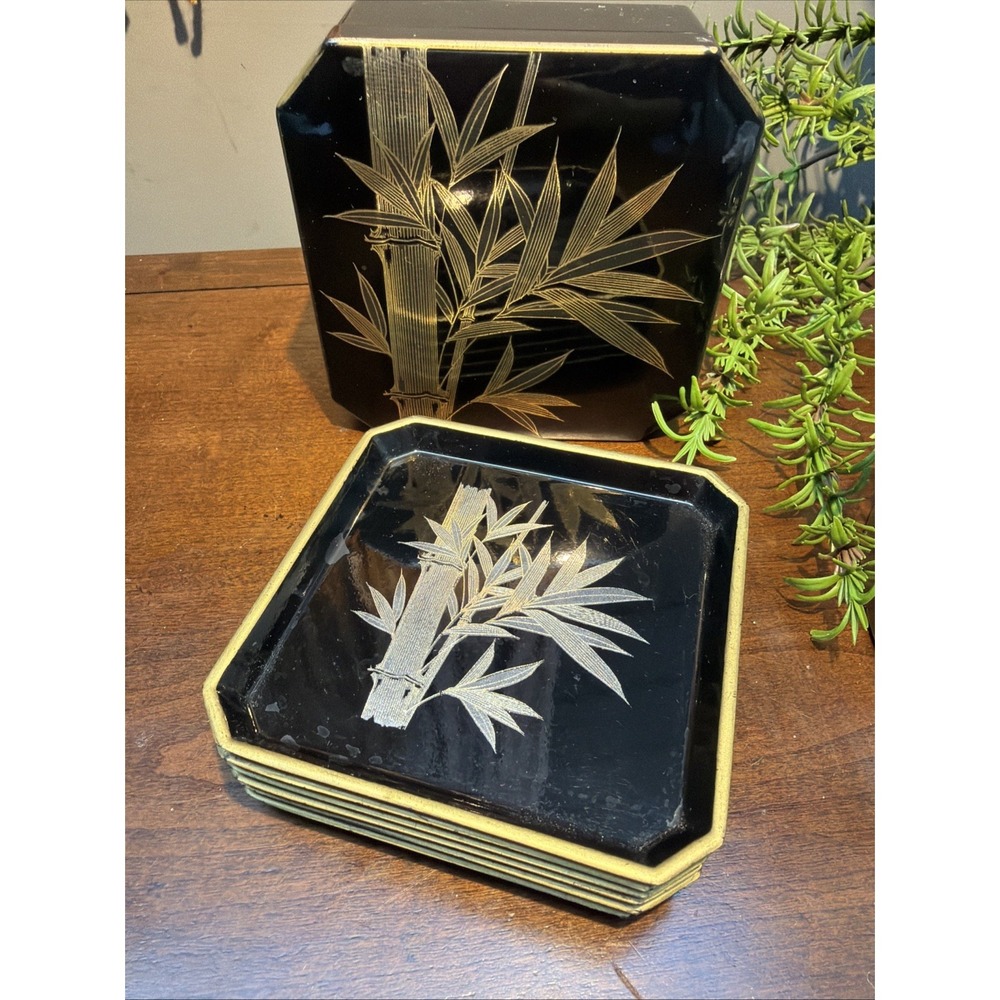 Vintage Japanese Lacquerware Coaster Set of 6 with Case, Black Gold Bamboo